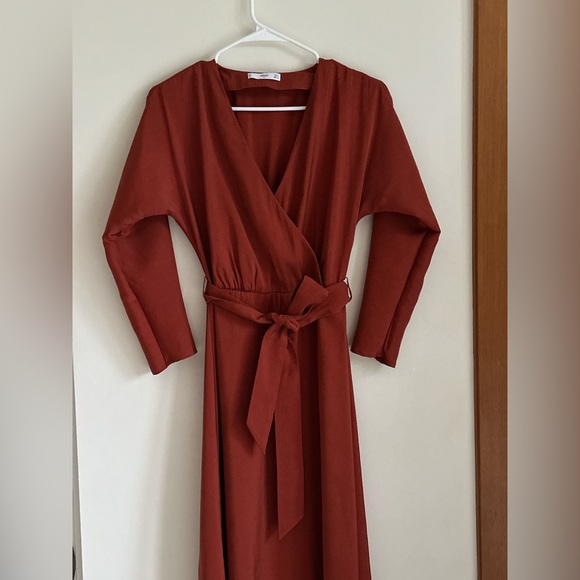 Mango Rust Wrap Midi Dress Long Sleeve Belted — Size S - Picture 11 of 14
